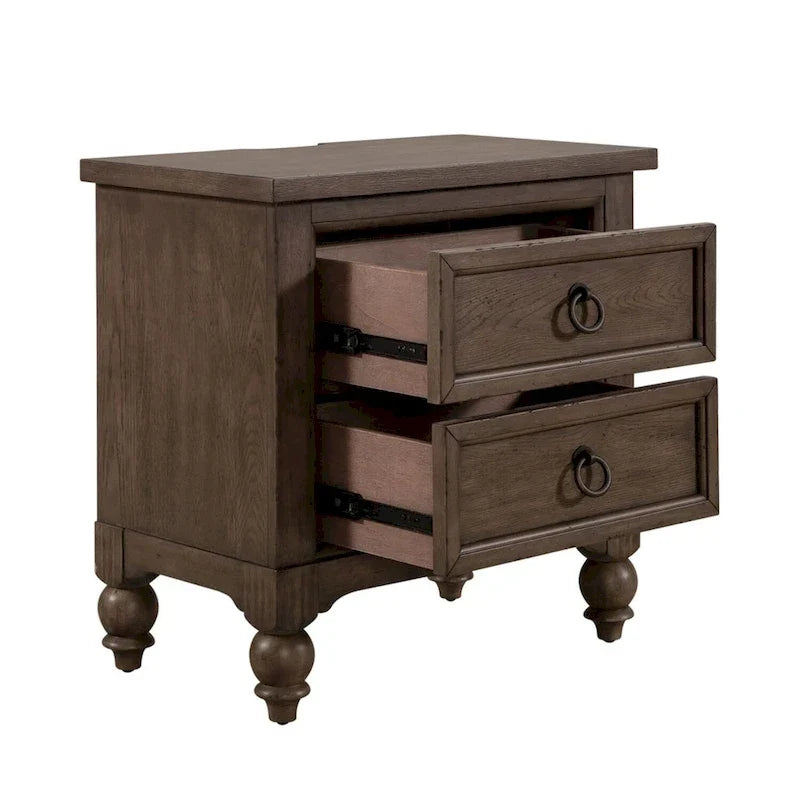 Table de chevet rustique Americana Farmhouse avec 2 tiroirs et station de charge, couleur taupe poudré