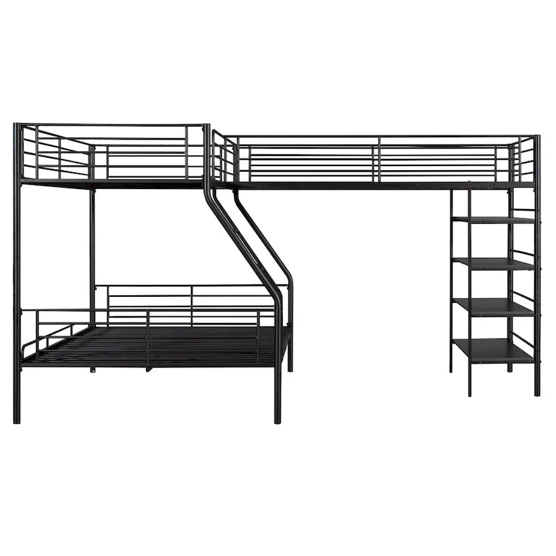 Lit superposé en métal en L, lit double et lit mezzanine avec quatre étagères intégrées, noir