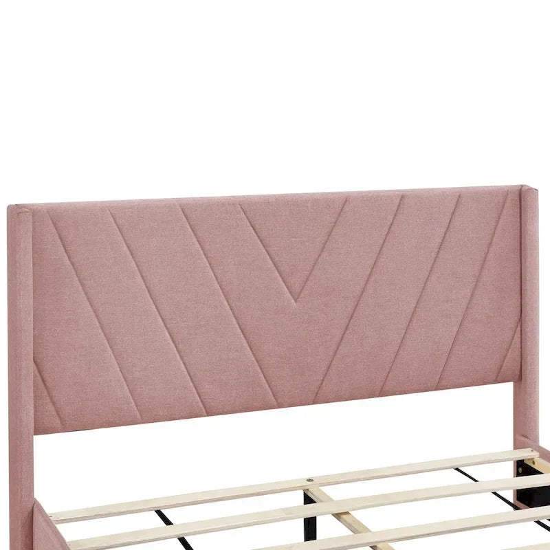 Lit traîneau Queen Size avec système de rangement hydraulique inclinable latéralement, revêtement en lin, beige