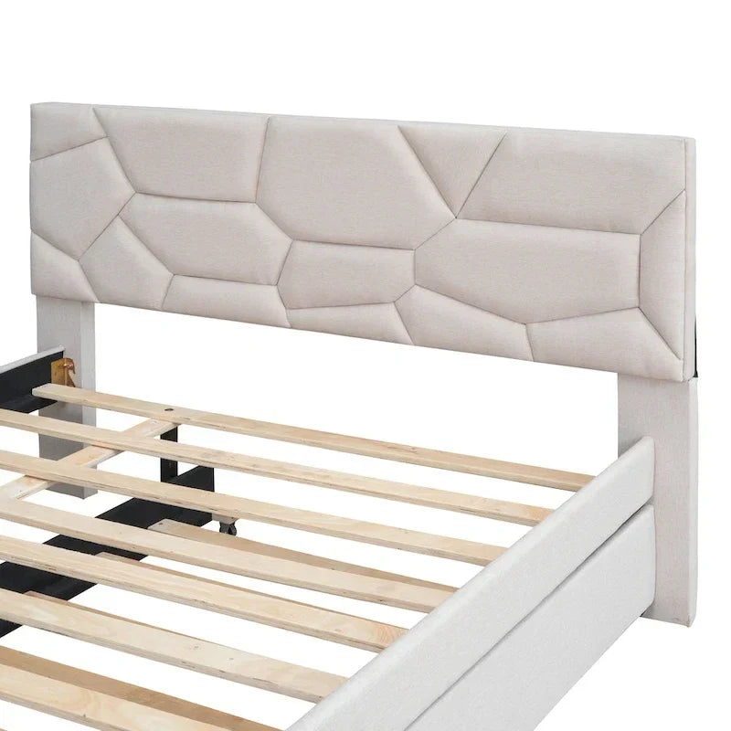 Lit plateforme rembourré pleine grandeur avec tête de lit motif brique et lit gigogne double, tissu de lin, beige