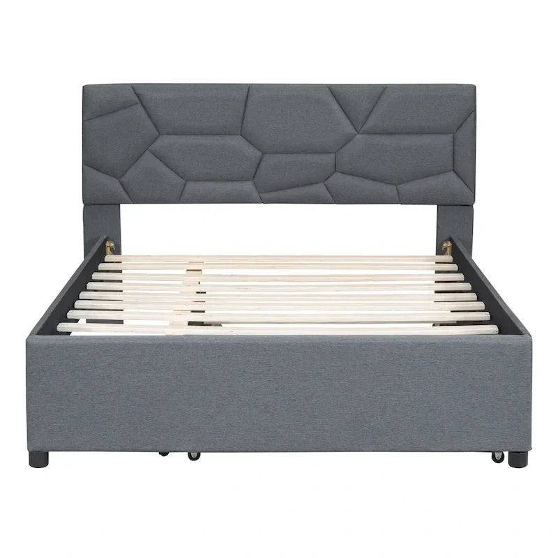 Lit plateforme rembourré pleine grandeur avec tête de lit motif brique et lit gigogne double, tissu de lin, beige