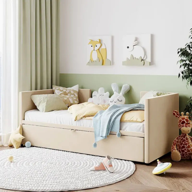 Lit de repos capitonné simple avec lit gigogne escamotable, Beige