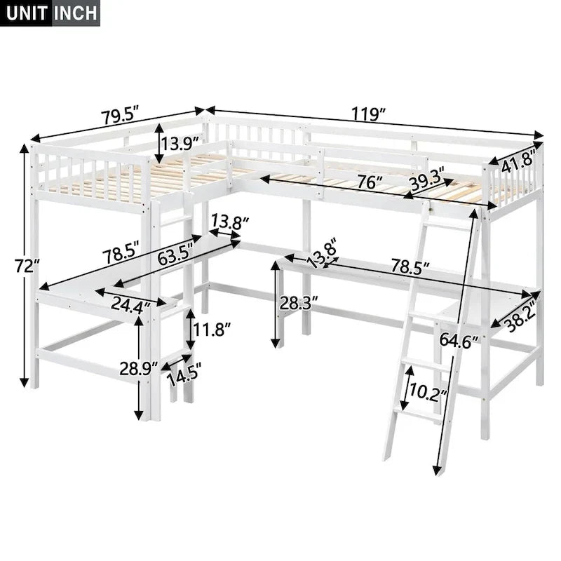 Lit mezzanine d'angle en bois, taille double, avec échelle et 2 bureaux d'angle intégrés, gris
