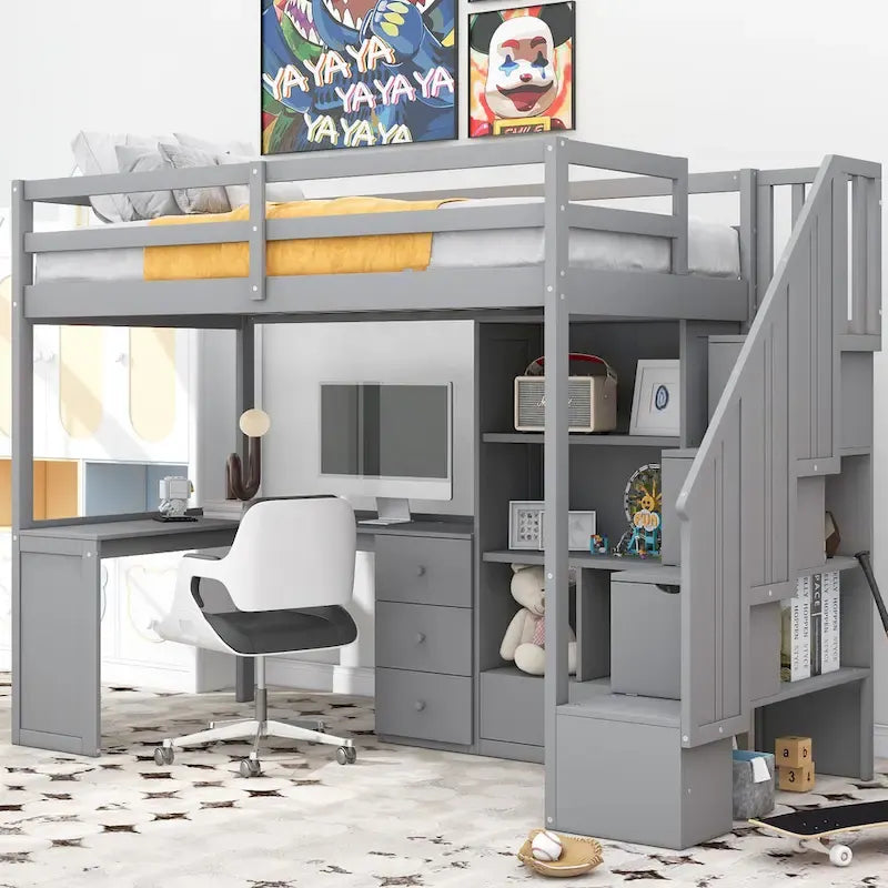 Lit mezzanine double avec bureau en L et tiroirs, armoire et escalier de rangement, gris