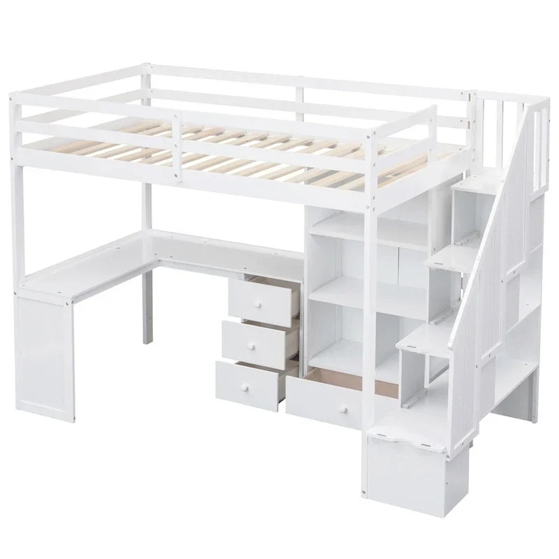 Lit mezzanine double avec bureau en L et tiroirs, armoire et escalier de rangement, gris