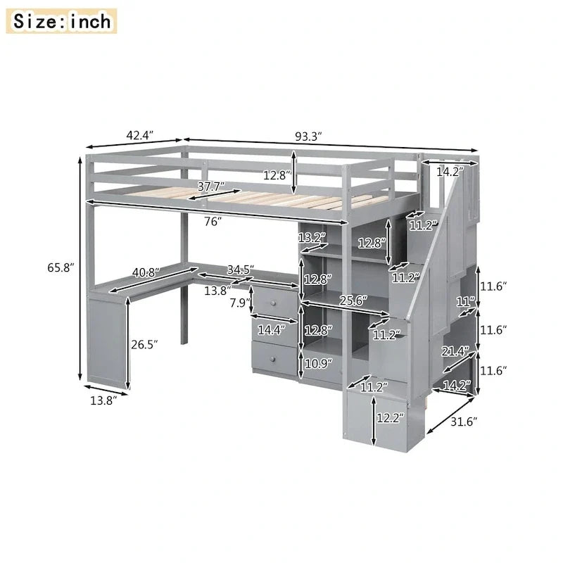 Lit mezzanine double avec bureau en L et tiroirs, armoire et escalier de rangement, gris