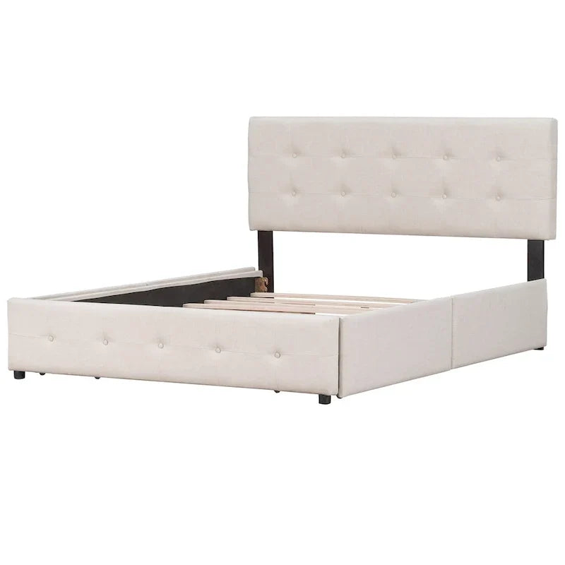 Lit plateforme rembourré avec tête de lit classique et 4 tiroirs, aucun sommier tapissier requis, tissu en lin