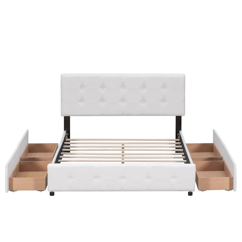 Lit plateforme rembourré avec tête de lit classique et 4 tiroirs, aucun sommier tapissier requis, tissu en lin