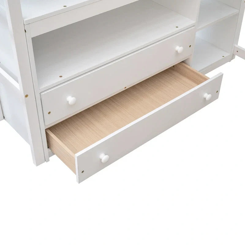 Lit mezzanine pleine grandeur avec bureau et étagères, deux tiroirs intégrés, gris
