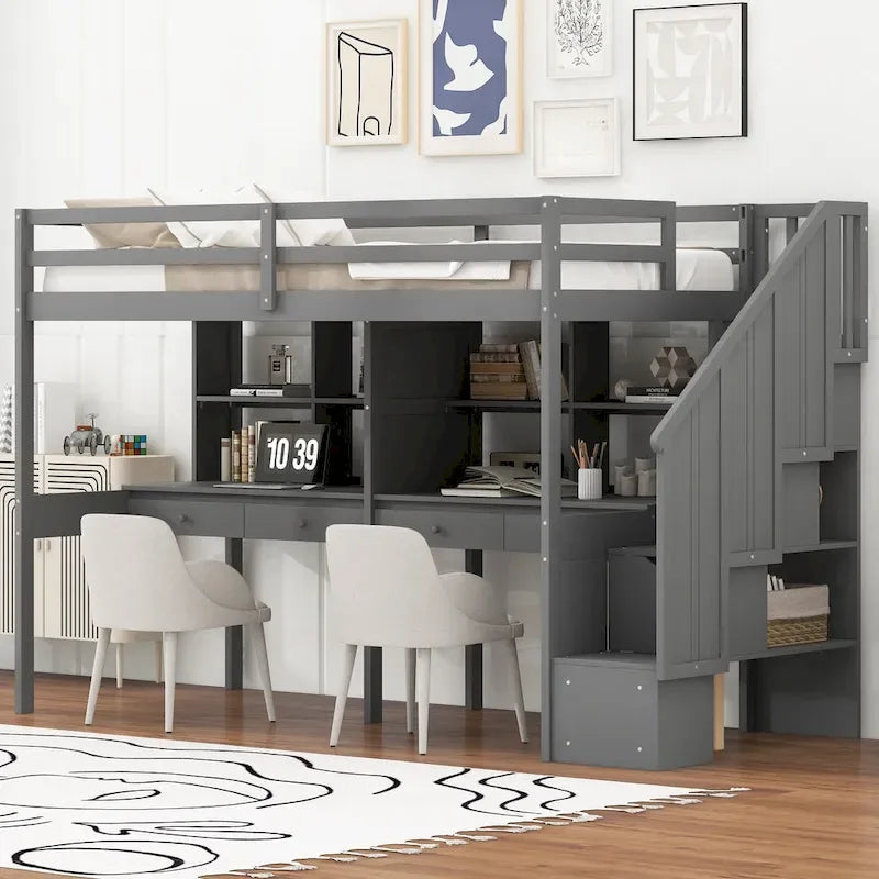 Cadre de lit mezzanine simple avec escalier de rangement, deux bureaux et étagères, gris