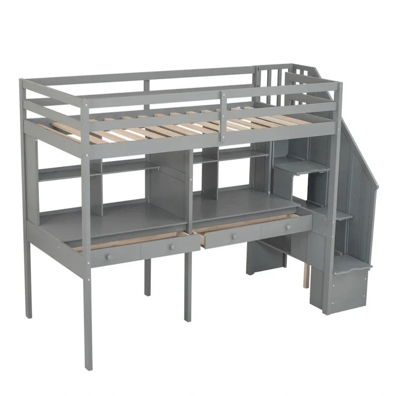 Cadre de lit mezzanine simple avec escalier de rangement, deux bureaux et étagères, gris