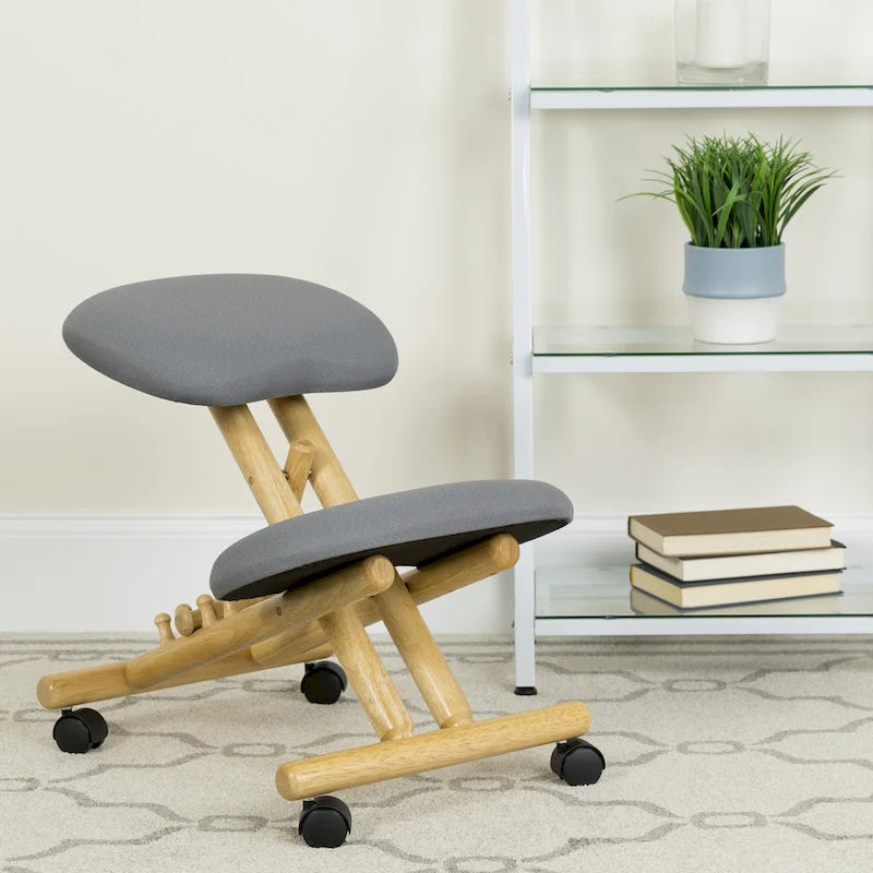 Chaise de bureau ergonomique à genoux en bois mobile en tissu gris