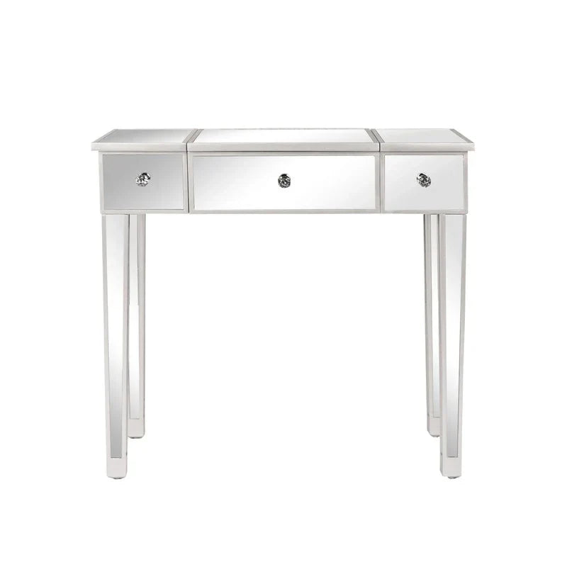 Bureau console coiffeuse à plateau relevable et 1 tiroir, finition miroir argentée