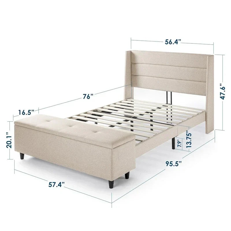 Lit plateforme capitonné beige avec pouf de rangement Crown Comfort