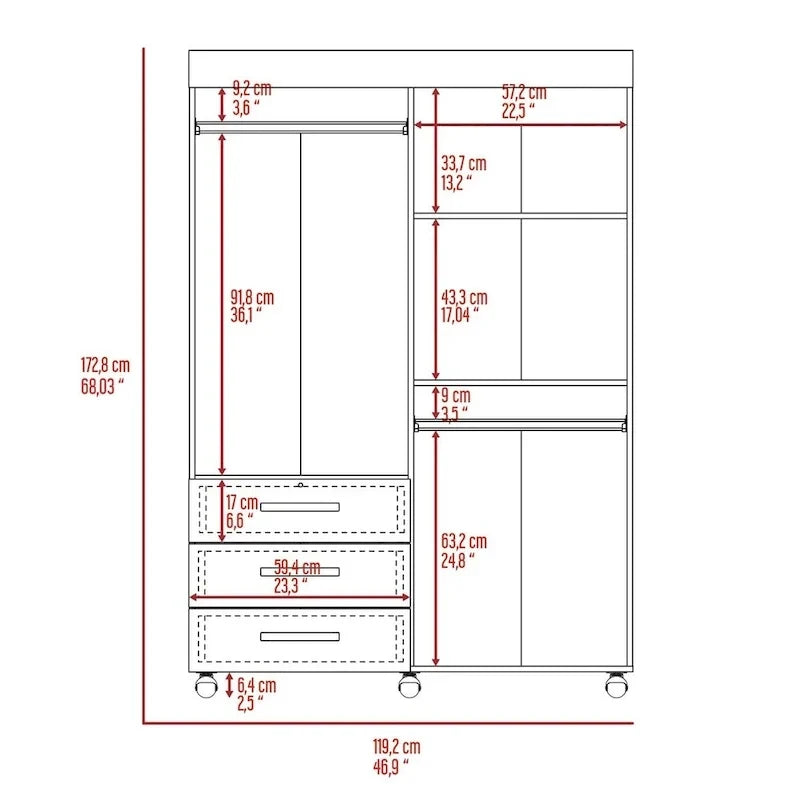 Armoire mobile Denver avec tringles, armoire à double porte, 3 tiroirs et 2 étagères - N/A