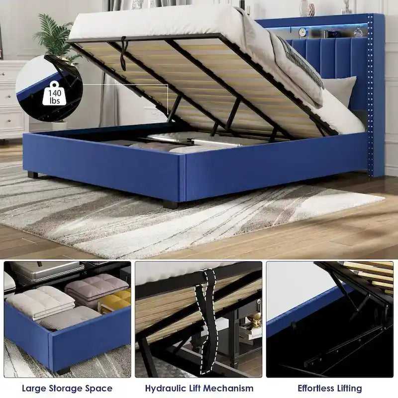 Lit coffre King Size avec vérins à gaz et éclairage LED RF, tête de lit de rangement, velours King Size