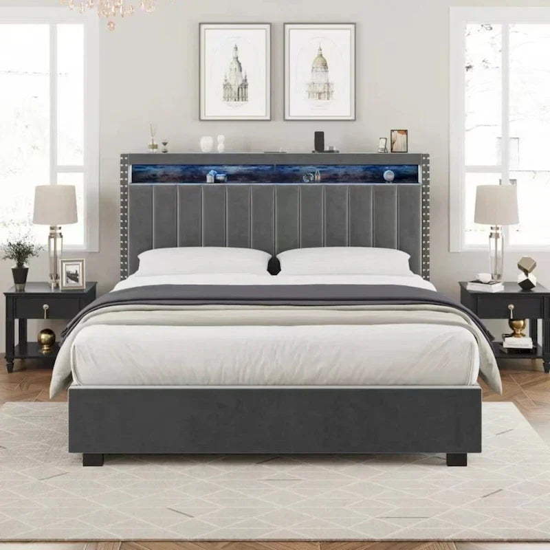 Lit coffre King Size avec vérins à gaz et éclairage LED RF, tête de lit de rangement, velours King Size