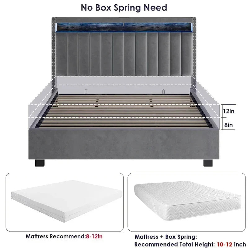 Lit coffre King Size avec vérins à gaz et éclairage LED RF, tête de lit de rangement, velours King Size
