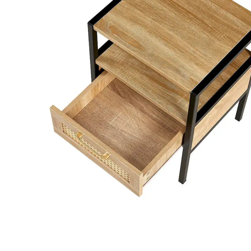 Table de chevet/bout de canapé/table d'appoint moderne en rotin naturel et bois avec tiroir (lot de 2)