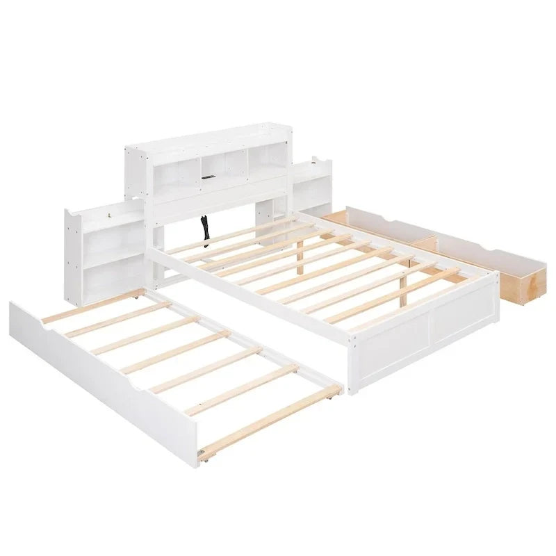 Lit plateforme de rangement pleine grandeur Merax avec étagères coulissantes, lit gigogne simple et 2 tiroirs