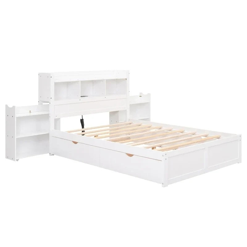 Lit plateforme de rangement pleine grandeur Merax avec étagères coulissantes, lit gigogne simple et 2 tiroirs