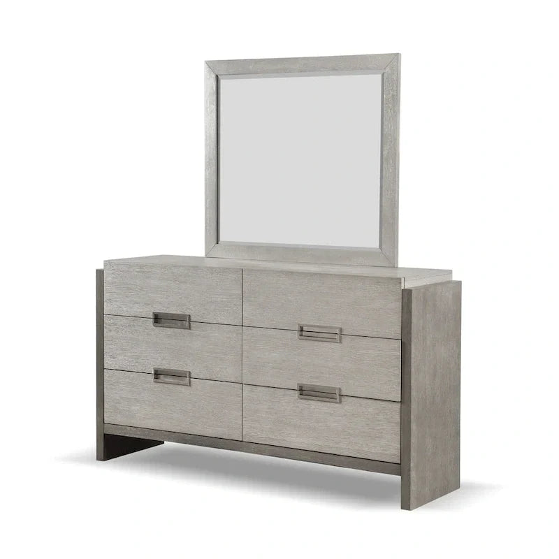 Ensemble de chambre Furniture of America Cruz contemporain gris en bois massif 6 pièces : lit, 2 tables de nuit, commode, coiffeuse et miroir