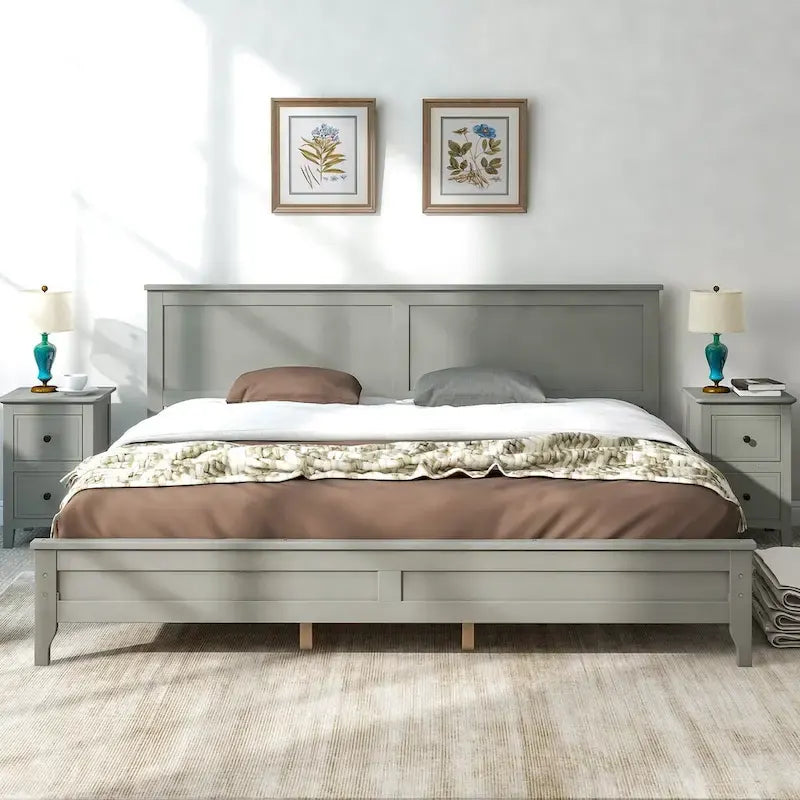 Lit plateforme King Size en bois avec tête et pied de lit, support à lattes en bois