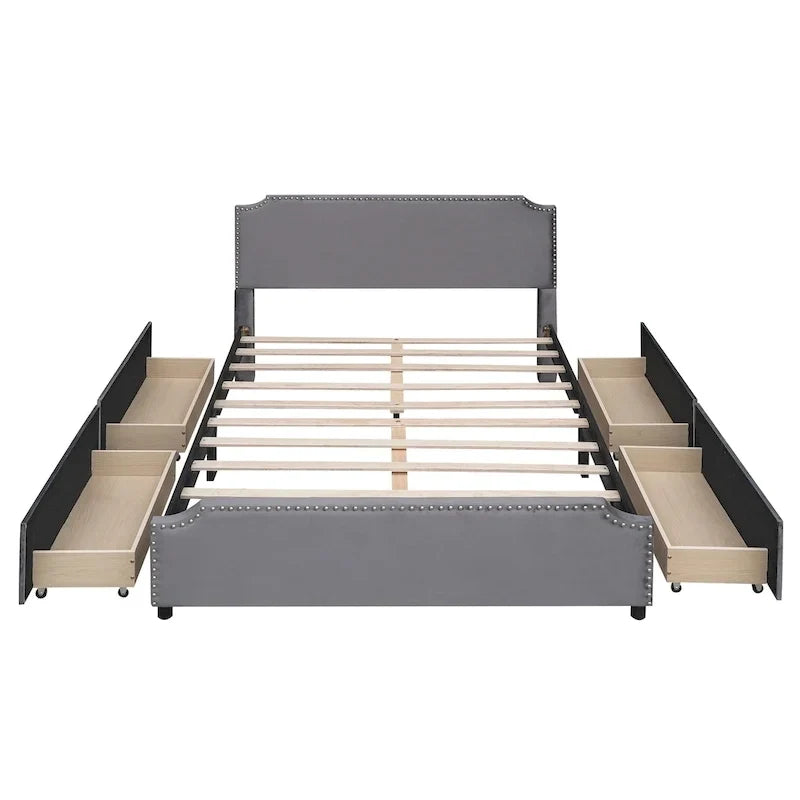 Lit plateforme capitonné en velours, avec tête de lit et pied de lit ornés de clous, 4 tiroirs de rangement intégrés, pas besoin de sommier.