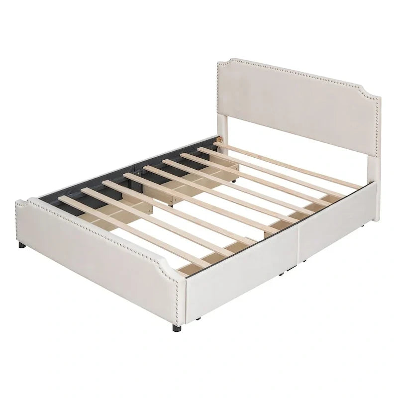 Lit plateforme capitonné en velours, avec tête de lit et pied de lit ornés de clous, 4 tiroirs de rangement intégrés, pas besoin de sommier.