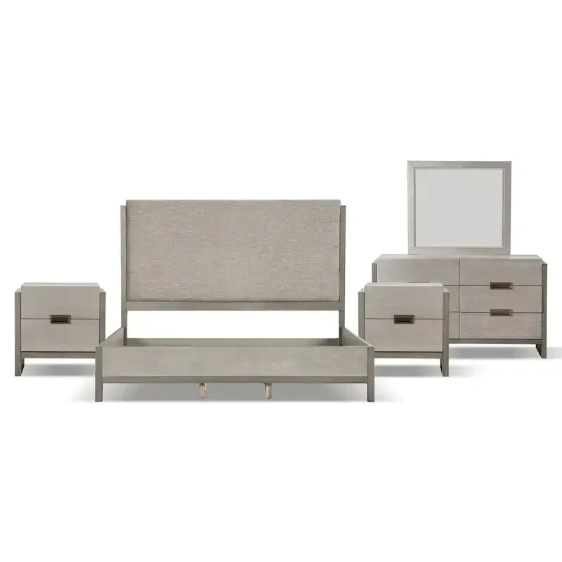 Furniture of America Cruz Ensemble de chambre contemporain 5 pièces gris en bois massif avec lit, 2 tables de chevet, commode et miroir
