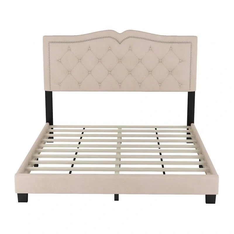 Cadre de lit tapissé Queen Size avec design riveté, lit plateforme moderne en velours avec tête de lit capitonnée