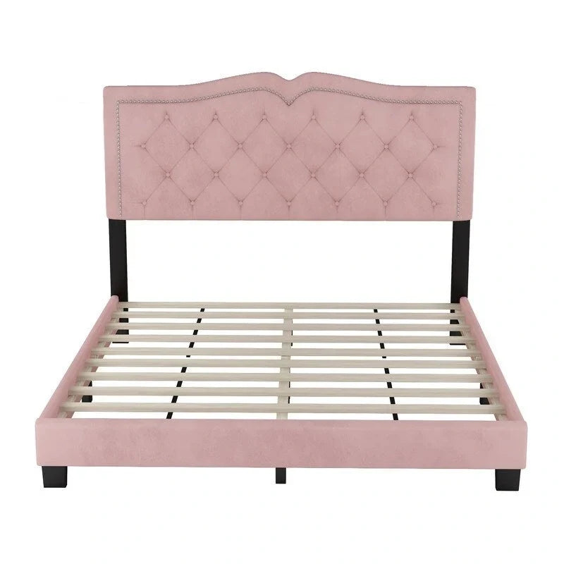 Cadre de lit tapissé Queen Size avec design riveté, lit plateforme moderne en velours avec tête de lit capitonnée