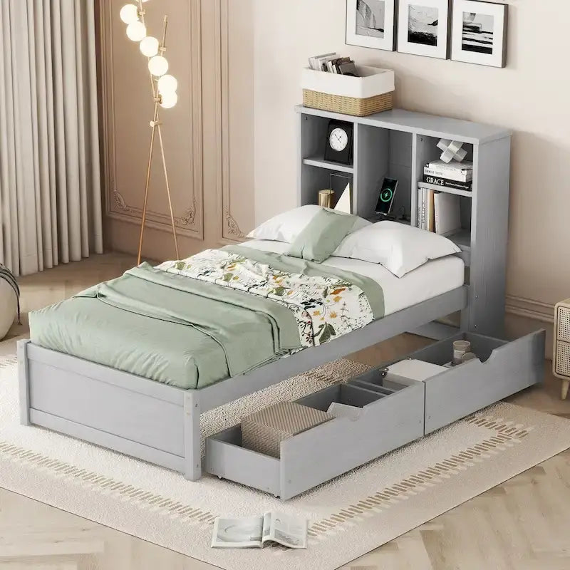 Cadre de lit moderne double avec port USB intégré sur la tête de lit bibliothèque et 2 tiroirs pour chambre à coucher, salon