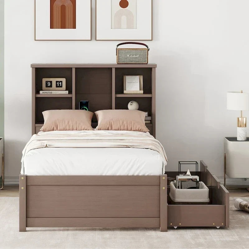Cadre de lit moderne double avec port USB intégré sur la tête de lit bibliothèque et 2 tiroirs pour chambre à coucher, salon