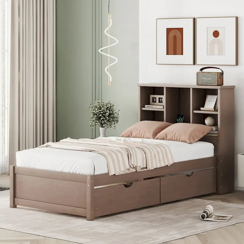 Cadre de lit moderne double avec port USB intégré sur la tête de lit bibliothèque et 2 tiroirs pour chambre à coucher, salon