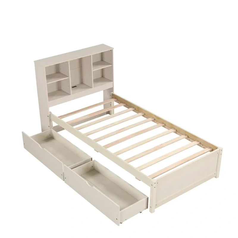 Cadre de lit moderne double avec port USB intégré sur la tête de lit bibliothèque et 2 tiroirs pour chambre à coucher, salon
