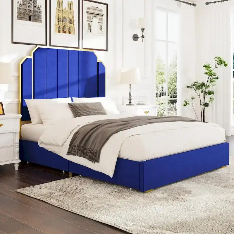 Cadre de lit Queen Size rembourré avec tête de lit de 150 cm et garniture plaquée or