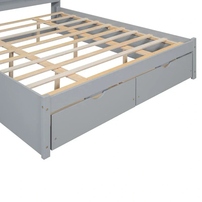Lit plateforme Queen Size avec tête de lit de rangement et 2 tiroirs