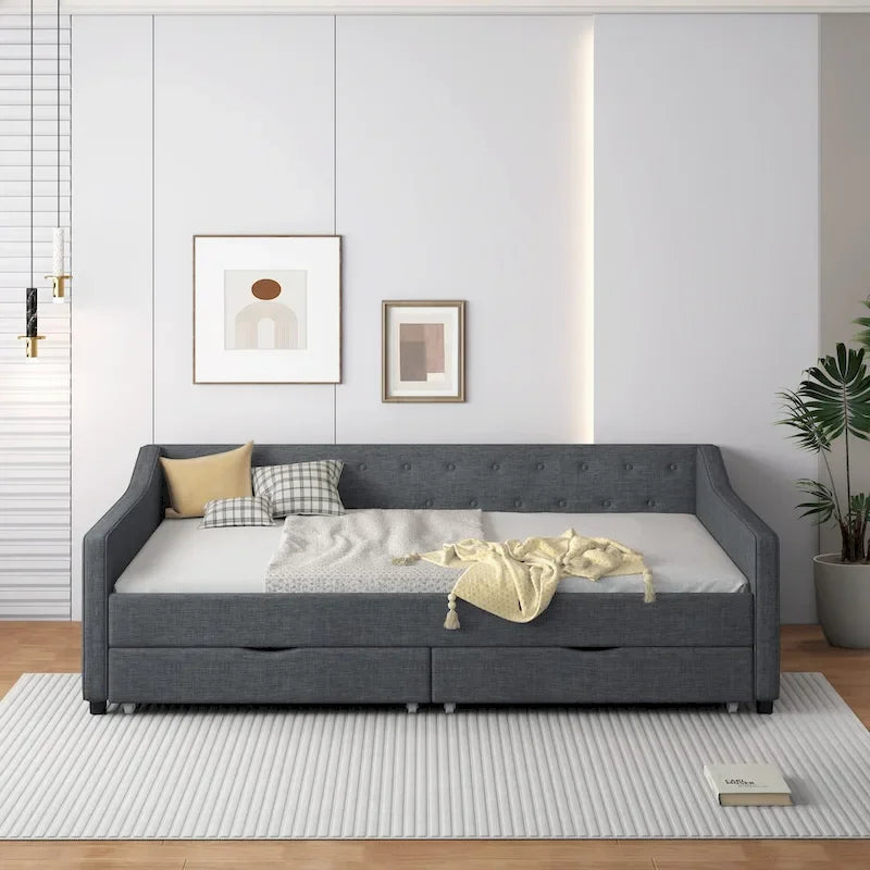 Lit banquette double rembourré avec tiroirs pour chambre à coucher