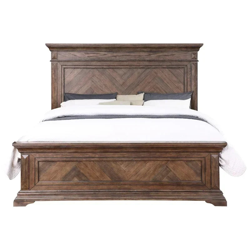 Lit Queen Size Marv, motif parquet, style traditionnel, bois brossé marron