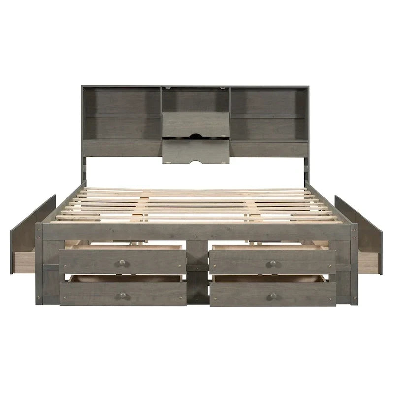 Lit plateforme avec tête de lit de rangement et 8 tiroirs