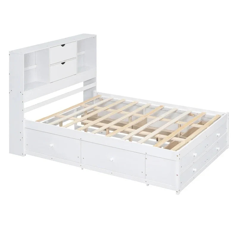 Lit plateforme avec tête de lit de rangement et 8 tiroirs
