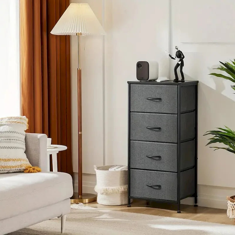 Commode de chambre à coucher avec 4 tiroirs en tissu, tour de rangement étroite pour vêtements, placards, chambre d'enfant, tour de rangement avec placard