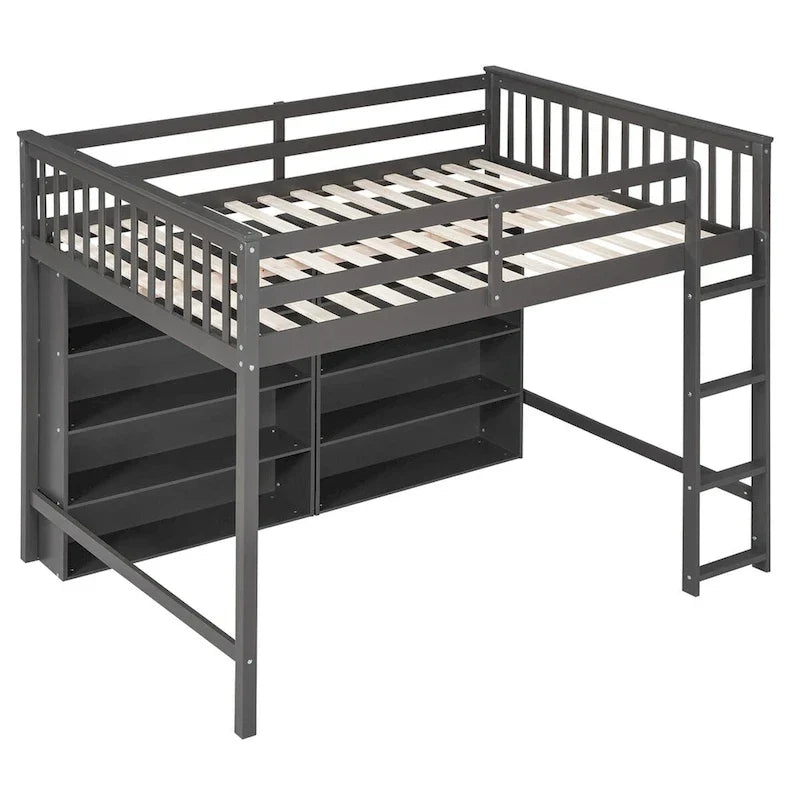 Lit mezzanine double avec 8 étagères de rangement ouvertes et échelle intégrée