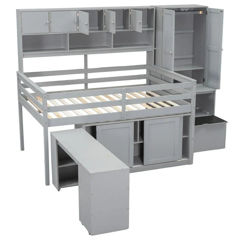 Lit mezzanine en bois pleine grandeur grand rangement avec bureau sous le lit, avec tiroirs, avec étagères