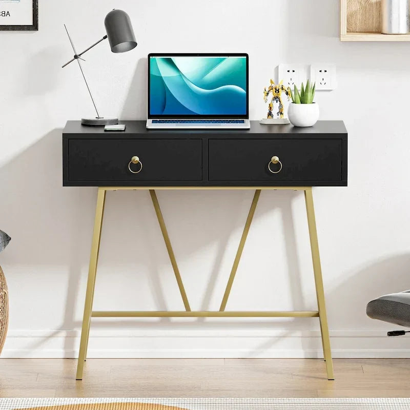 Anmytek Bureau Moderne pour Bureau à Domicile 35.4 Table de Maquillage Blanche 2 Tiroirs Bureau d'Écriture Informatique avec Pieds Dorés