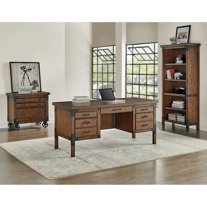 Bureau de direction Addison Rustic à demi-piédestal, table d'écriture, bureau, marron