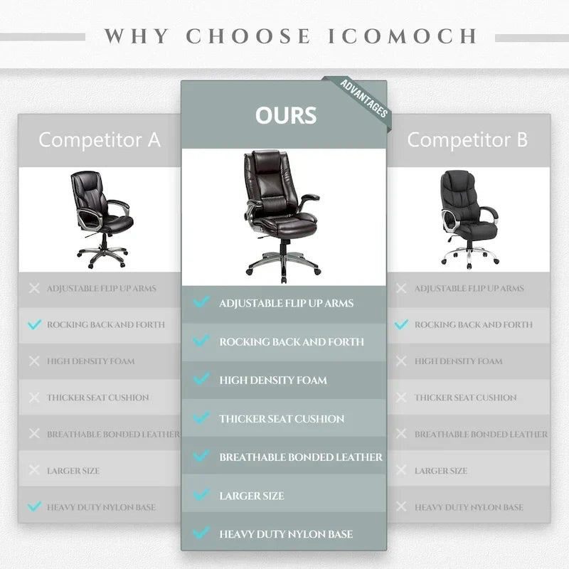 Fauteuil de bureau de direction en cuir - Chaise d'ordinateur à dossier haut avec accoudoirs rembourrés relevables et inclinaison réglable verrouillable