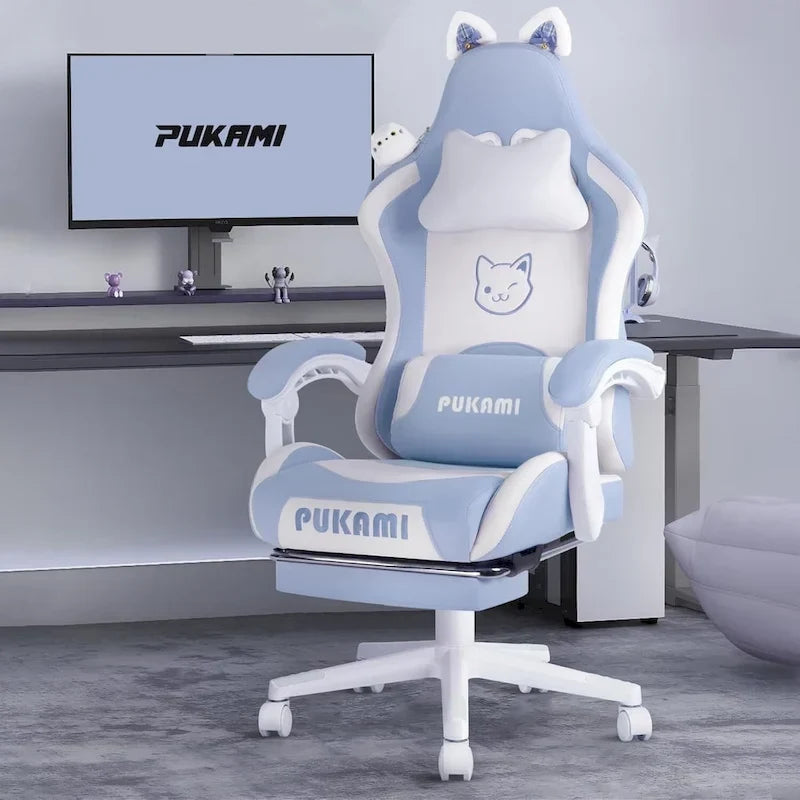 BOSSIN Fauteuil de Gamer avec Oreilles et Coussin Patte de Chat, Chaise d'Ordinateateur Inclinable Mignonne Kawaii pour Fille avec Repose-Pieds