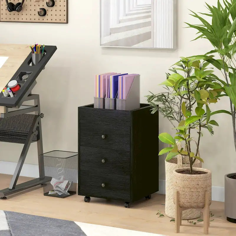 Meuble de rangement de bureau HOMCOM à 3 tiroirs, tiroir de bureau sur roulettes avec plateau amovible, support d'imprimante sous bureau avec rangement